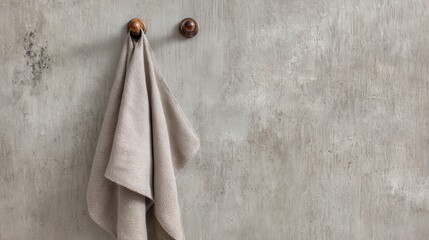 Soft beige towel hanging on rustic wooden hook against textured gray wall in simple minimalist bathroom setting