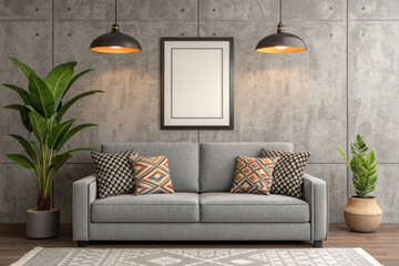 Obraz premium A grey sofa with patterned pillows in a living room with concrete walls and plants