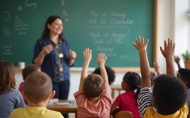 Caring Teacher Explains Lesson to a Classroom Full of Bright Diverse Children. In Elementary School with Group of Smart Multiethnic Kids Learning Science, Whole Classroom Raising Hands Knowing Answer