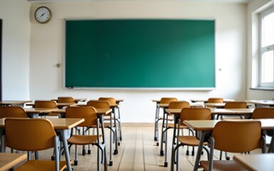 Photo classroom interior with school desks chairs and green board empty school classroom. High quality