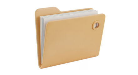 A light-brown folder, slightly open, holding multiple white sheets of paper, with a button.