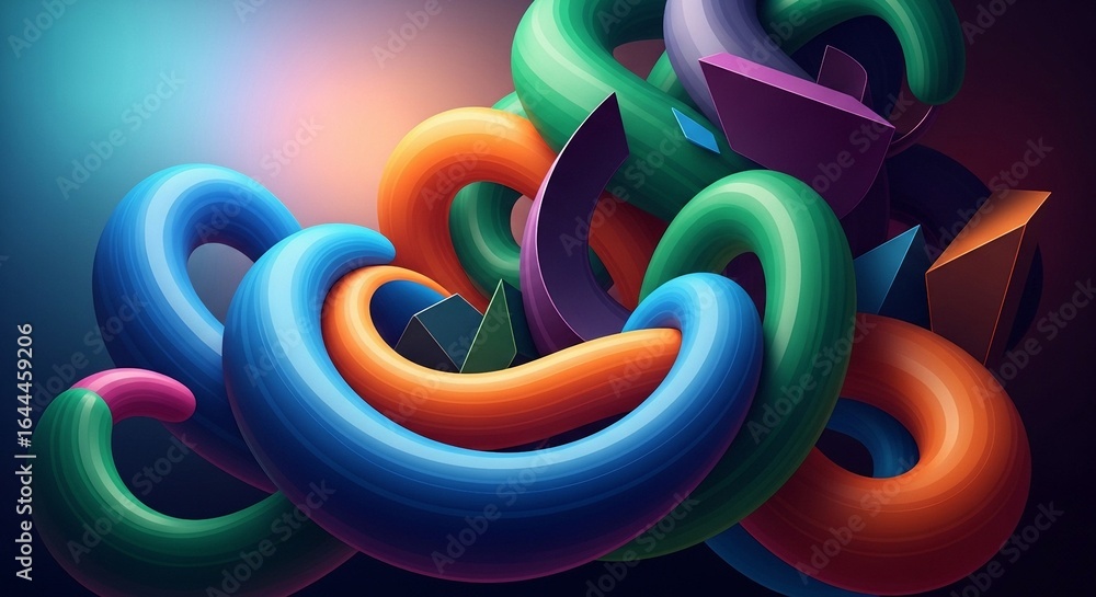 Poster abstract 3d render of interwoven colorful tubes and geometric shapes with a vibrant gradient backgro