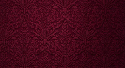 Luxurious dark red damask wallpaper with a vintage embossed ornamental pattern.