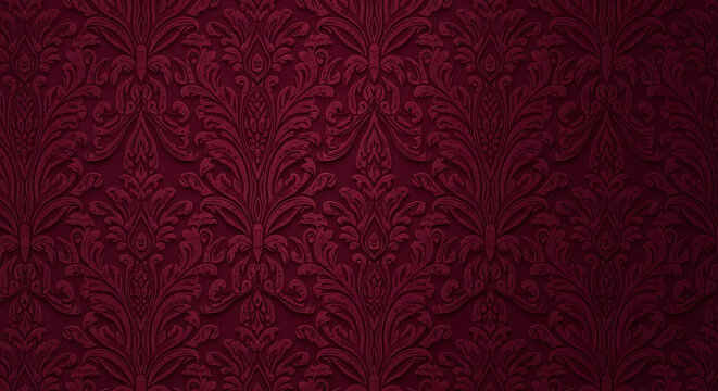 Fototapeta Luxurious dark red damask wallpaper with a vintage embossed ornamental pattern.