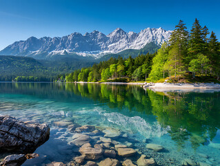 Stunning Alpine Lake With Crystal Clear Water Surrounded by Mountains and Lush Greenery During a Sunny Day