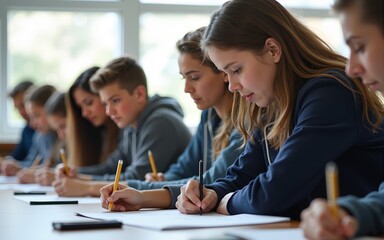 Young group of high school students studying in classroom. High quality