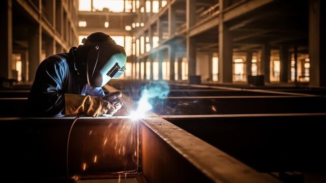 Welder at Work in a Large Construction Site