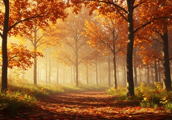 Fototapeta premium A scenic pathway in an autumn forest, with golden leaves on the trees and a misty atmosphere. The pathway guides the viewer's eye through the vibrant, warm colors of the season