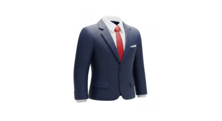 A navy blue suit with a red tie and white shirt, displayed against a clean PNG background