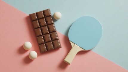 Chocolate Bar and Ping Pong Paddle on Colorful Background