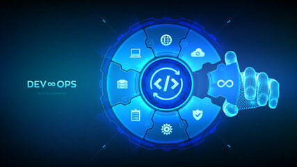 Devops. Software development practices methodology. Agile development optimization concept. Software engineering. Hand places an element into a composition visualizing Devops. Vector illustration.