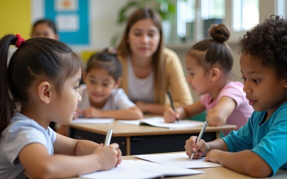 Elementary Classroom of Diverse Bright Children Listening Attentively to their Teacher Giving Lesson. Brilliant Young Kids in School Writing in Exercise Notebooks, Taking Test. High quality - Powered by Adobe