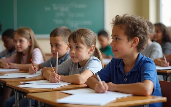 Elementary Classroom of Diverse Bright Children Listening Attentively to their Teacher Giving Lesson. Brilliant Young Kids in School Writing in Exercise Notebooks, Taking Test. High quality - Powered by Adobe