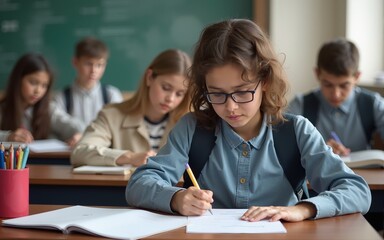 Exam at school with student's taking educational admission test in class, thinking hard, writing answer in university classroom, education and world literacy day concept. High quality