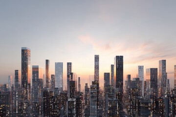 Fototapeta premium Futuristic Cityscape with Digital Infrastructure Against a Vibrant Sunrise Sky