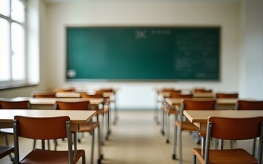 Empty classroom with desks, chairs and chalkboard. High quality