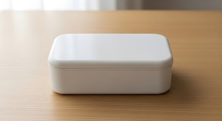 White Rectangular Lunch Box on Wooden Surface Mockup