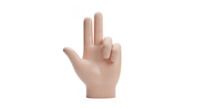 A light-skinned hand with two fingers extended upwards, creating a number two gesture, isolated on a PNG background