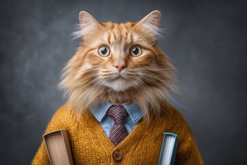 Smart Cat in Sweater with Books, Academic Look, Funny Portrait