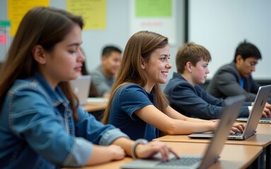 Wide Angle View Of High School Students Sitting At Desks In Classroom Using Laptops. High quality