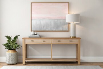 Light wood console table with abstract art and table lamp in entryway