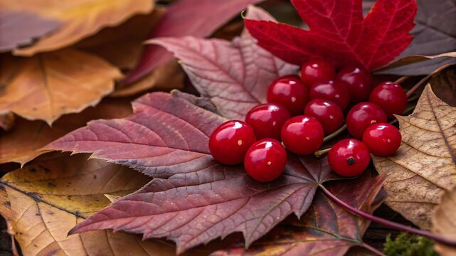 Red berries on autumn leaves glossy cluster