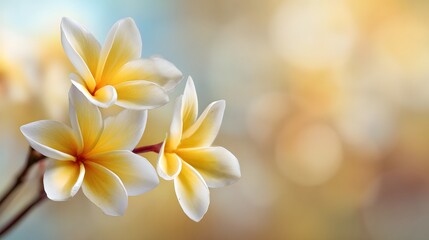 Fototapeta premium Delicate plumeria blossoms in soft focus.