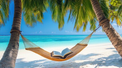 A hammock strung between two palm trees on a white sand beach, an open book resting inside it, looking out towards the turquoise ocean, ultimate tropical relaxation, travel magazine cover shot.