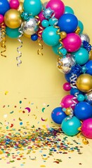 Celebration arc with vibrant balloons and confetti showering a sunny yellow background