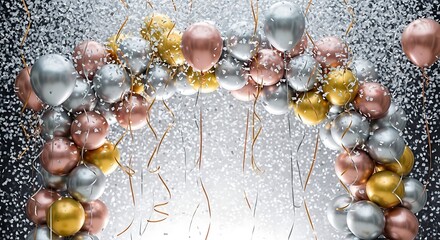 Celebratory balloon archway with falling confetti gleaming in metallics perfect for a party