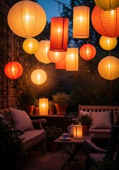 Enchanting evening ambiance with glowing lanterns illuminating a cozy outdoor terrace setting