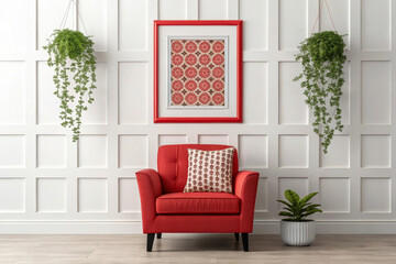 Red armchair with patterned pillow and framed artwork in a white paneled
