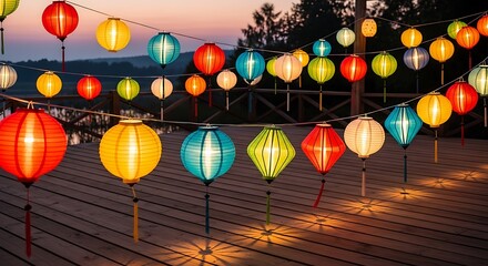 Festive lantern string lights illuminate an outdoor setting with vibrant colors and soft glow