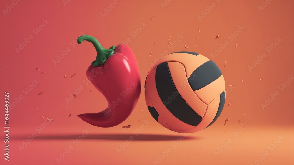 Poster pepper and volleyball on abstract background with dynamic motion