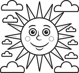 Cheerful cartoon sun with smiling face surrounded by fluffy clouds for coloring happy