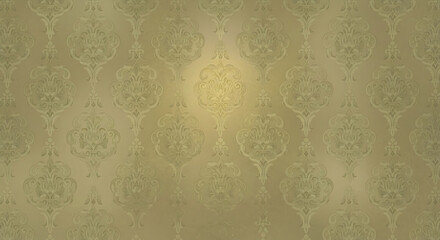 Classic gold and sage green damask wallpaper with an ornate repeating floral and scrollwork pattern.
