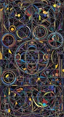Intricate geometric composition of intersecting circles and stylized forms display harmony
