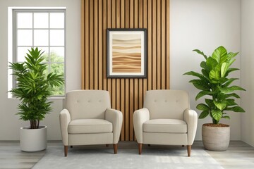Fototapeta premium Two beige armchairs flank a framed abstract artwork on a slatted wood wall 
