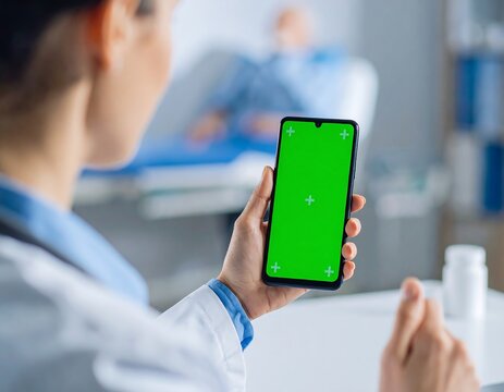 Doctor holding a phone with a green screen in a clinic - Powered by Adobe