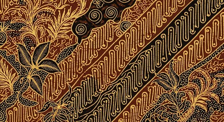 Intricate traditional brown and golden pattern with botanical and spiral elements featuring