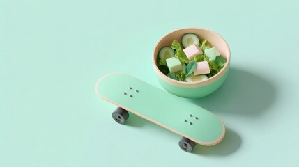 Skateboard and Fresh Salad Bowl on Soft Pastel Background