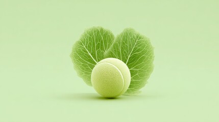 Green Tennis Ball Surrounded by Fresh Green Leaves on Light Background