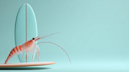 Cartoon Shrimp Beside Surfboard on Soft Blue Background