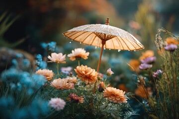 Fototapeta premium A Beautiful Scene of Colorful Flowers Beneath a Classic Umbrella Decorated with Raindrops in a Lush Garden Setting During the Golden Hour of Twilight