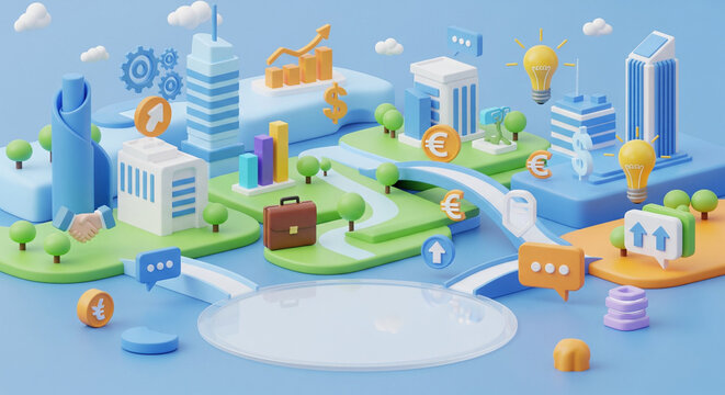 Vibrant 3D Business Metropolis: Finance, Technology, Growth, and Collaboration Network