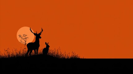 Silhouetted Deer and Rabbit Against Vibrant Sunset Background