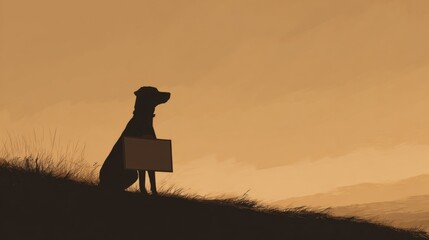 Silhouette of a Dog Sitting on a Hill with a Sign in Its Mouth