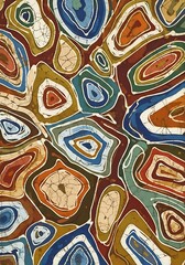 Organic shapes and concentric rings in a decorative color palette create visual depth