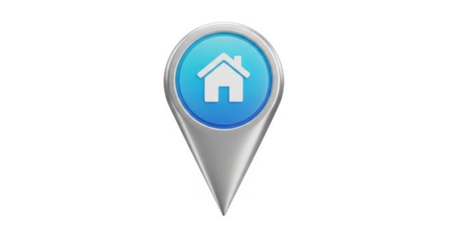 A metallic blue home location marker icon, digitally rendered.