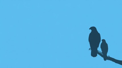 Silhouette of Two Birds on a Branch Against a Bright Blue Background